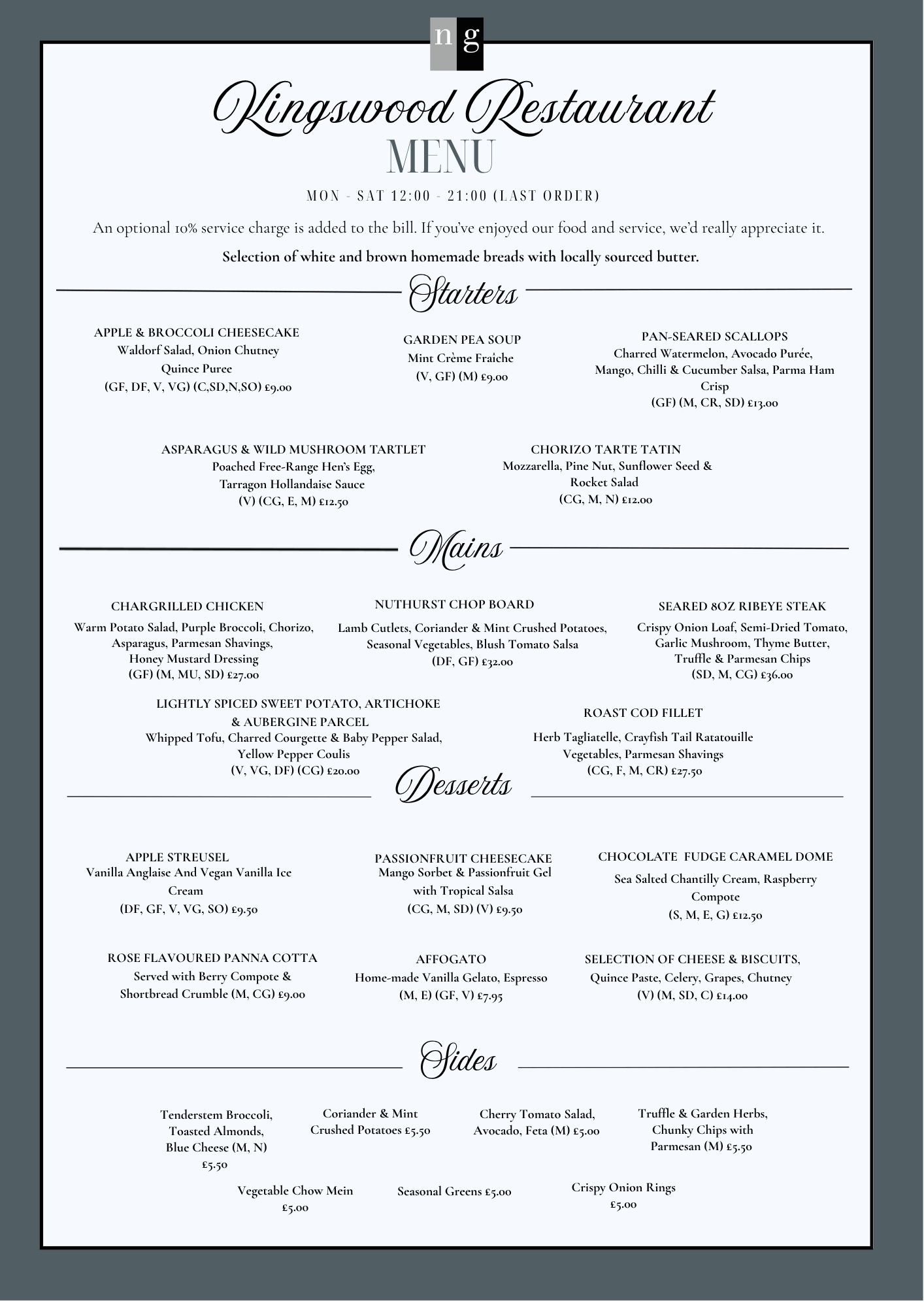 Kingswood Restaurant Menu — Page 1 (Starters & Mains)